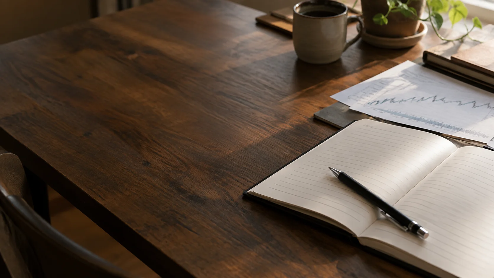 Editorial learning desk with notes and market diagrams